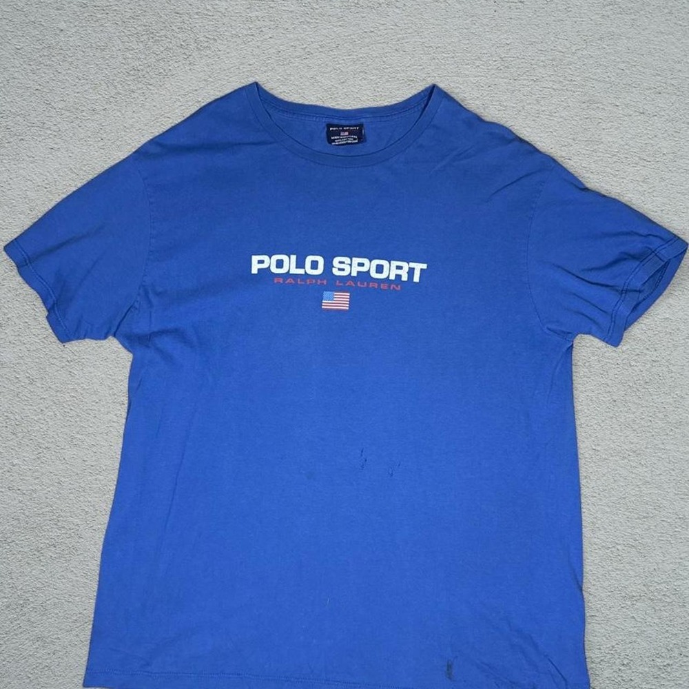 Polo Sport Ralph Lauren Blue Cotton T-Shirt Mens Large Y2K Flag Logo